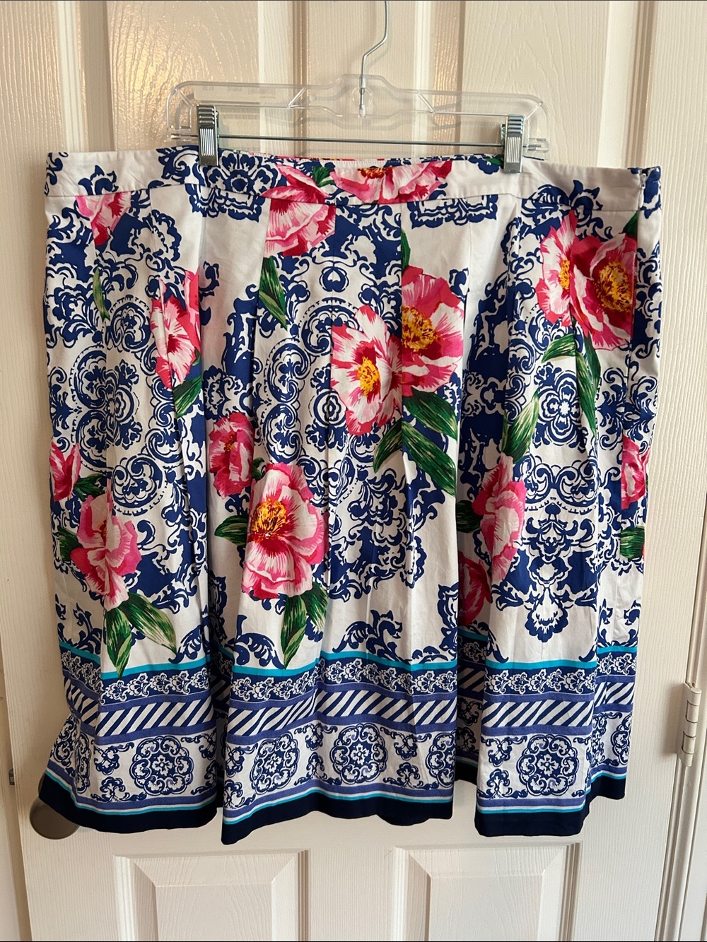 Talbots Floral Border Print A-Line Skirt - White Navy Pink